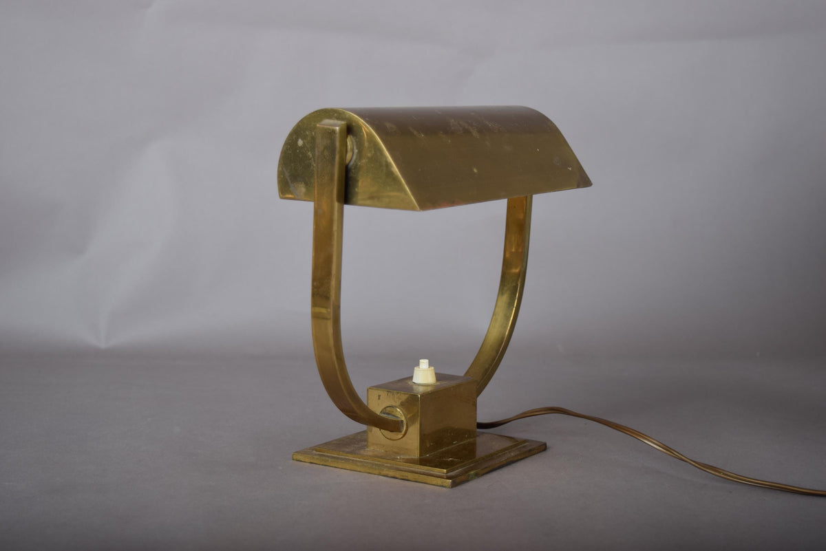 Art Deco Style Desk Lamp, Heavy Brass Bankers Lamp with U Form Arm, Adjustable Shade — 1930s Attribution