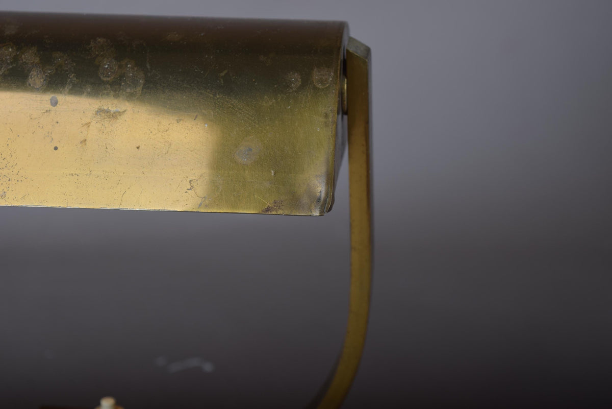 Art Deco Style Desk Lamp, Heavy Brass Bankers Lamp with U Form Arm, Adjustable Shade — 1930s Attribution