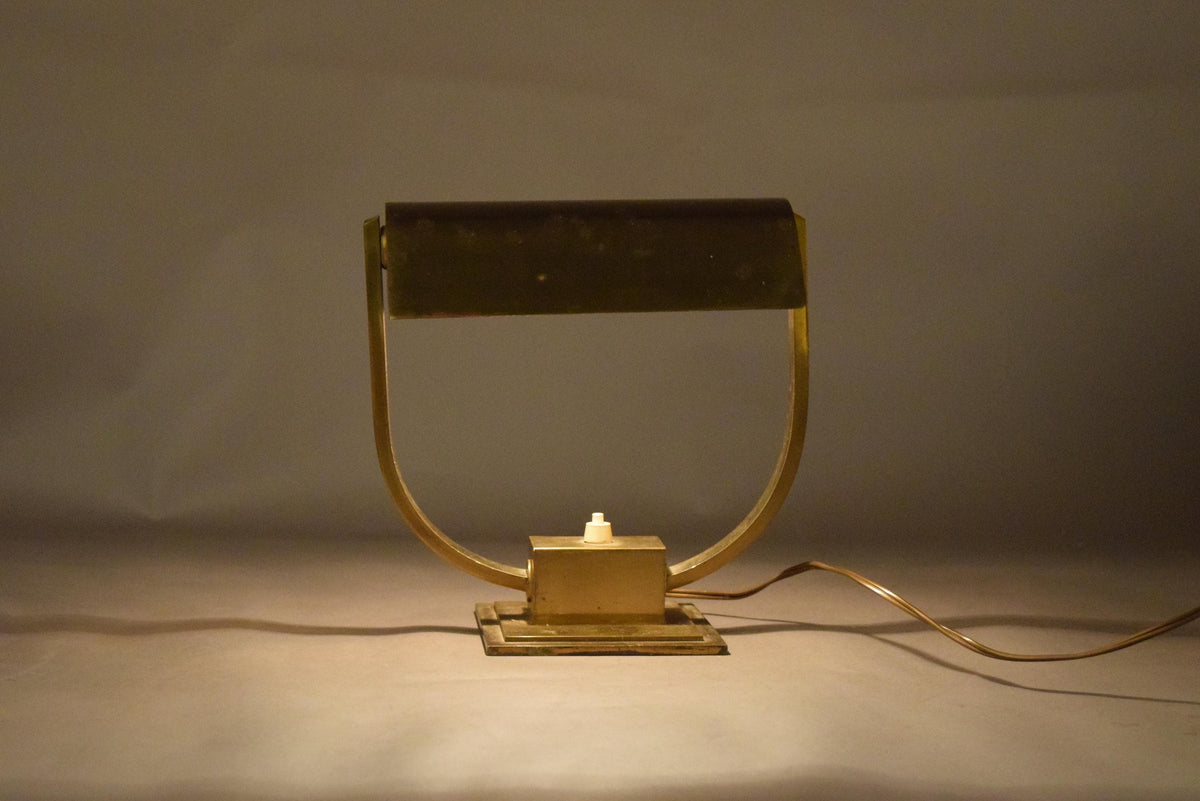 Art Deco Style Desk Lamp, Heavy Brass Bankers Lamp with U Form Arm, Adjustable Shade — 1930s Attribution