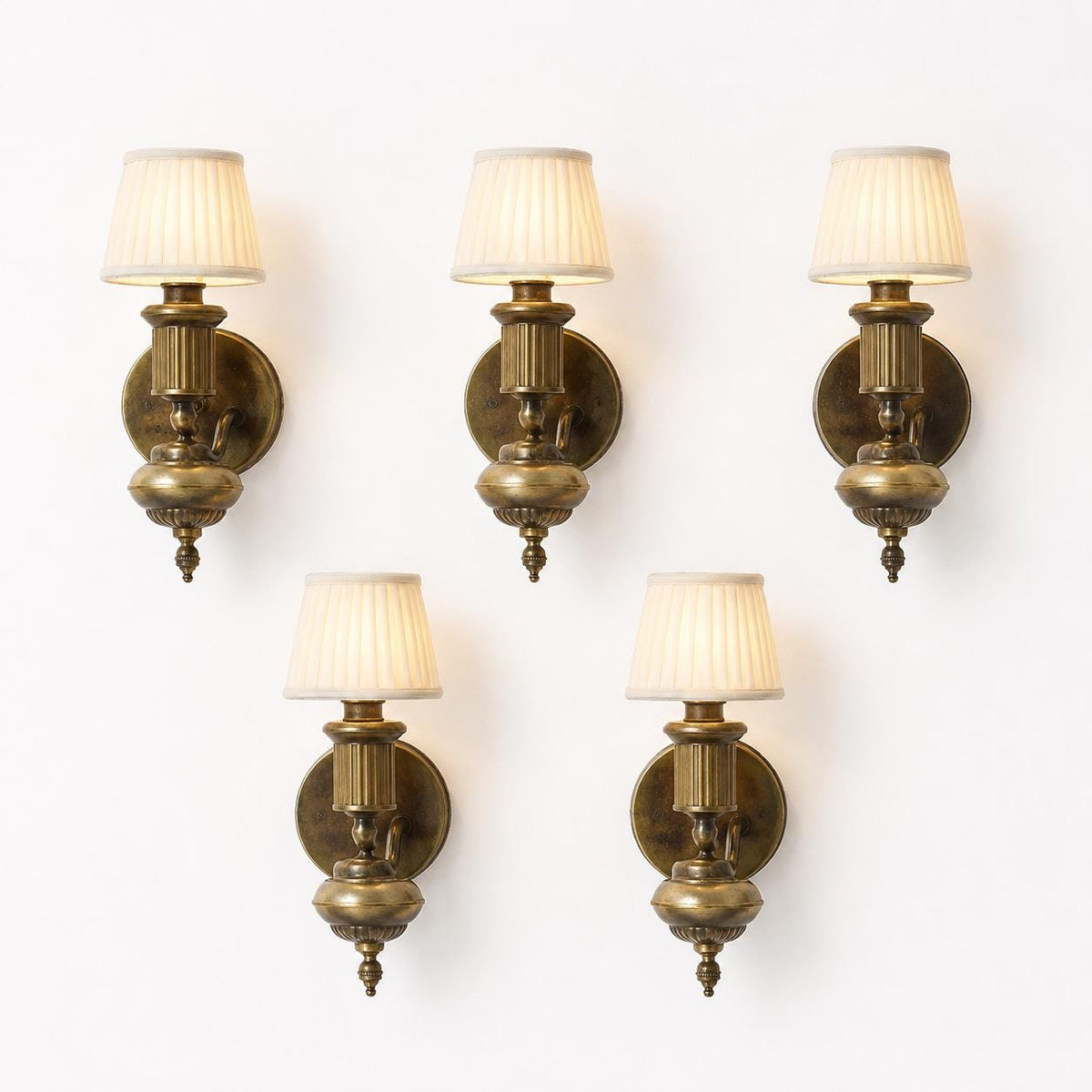 Set of Five Patinated Brass Wall Sconces, Urn-Form Arm, 1950s