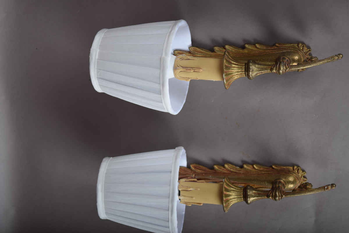 Pair of Gilt Metal Wall Sconces, Palm Leaf Backplate, Pleated Fabric Shades
