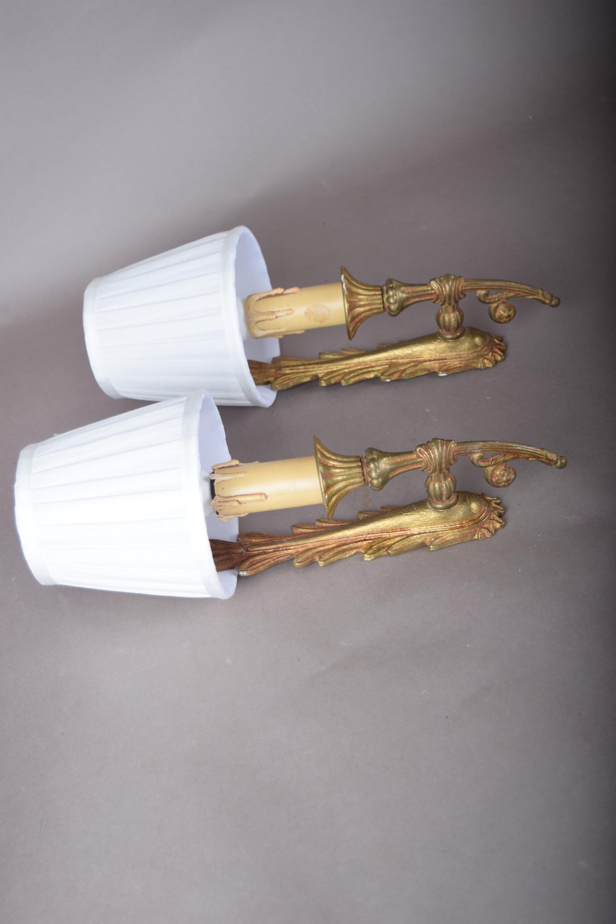 Pair of Gilt Metal Wall Sconces, Palm Leaf Backplate, Pleated Fabric Shades