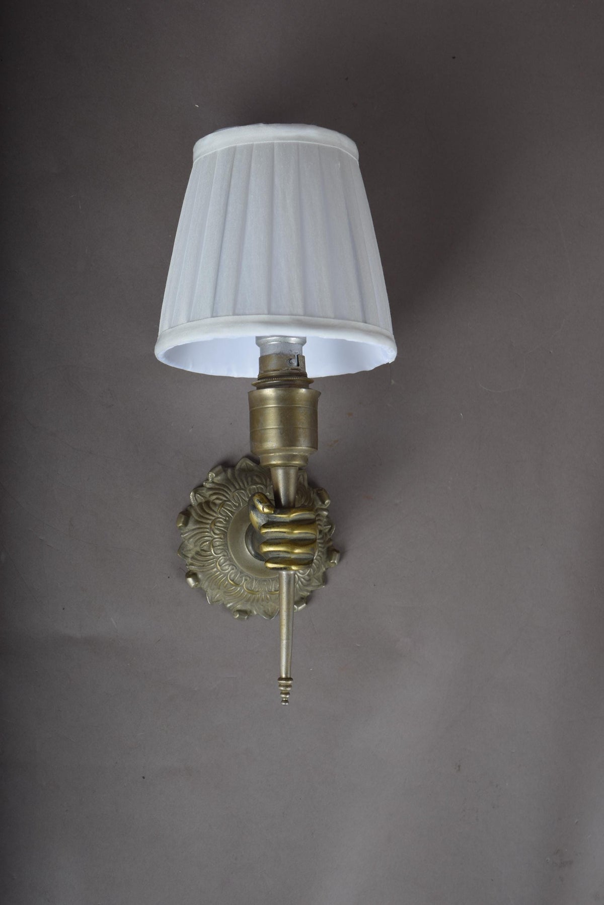 Gilt and Silvered Metal Wall Sconce, Hand-Form Candle Arm, Fluted Backplate