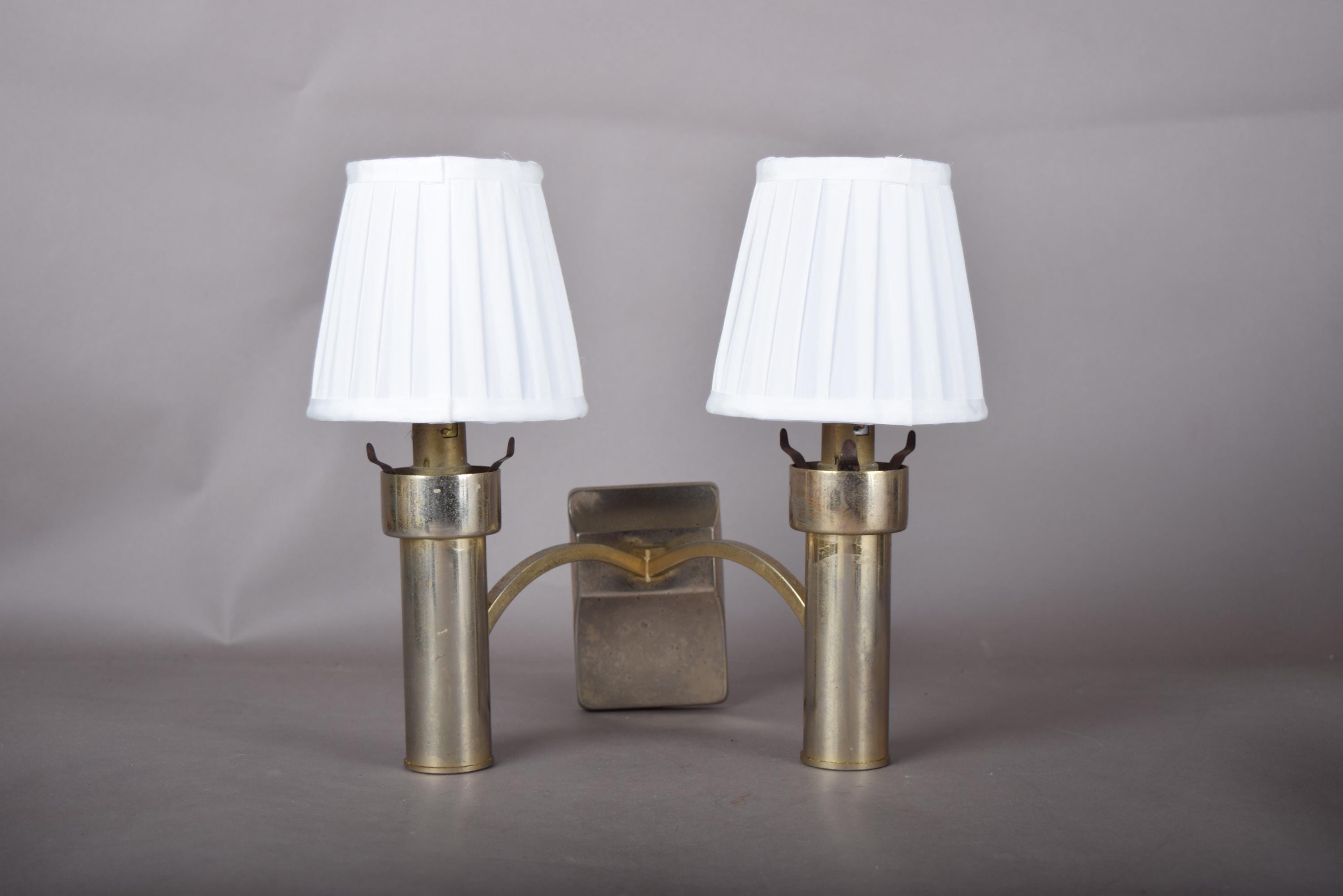 Double Wall Sconce, Modernist Brass Tone Two Light Cylinder Sconce with Pleated Shades