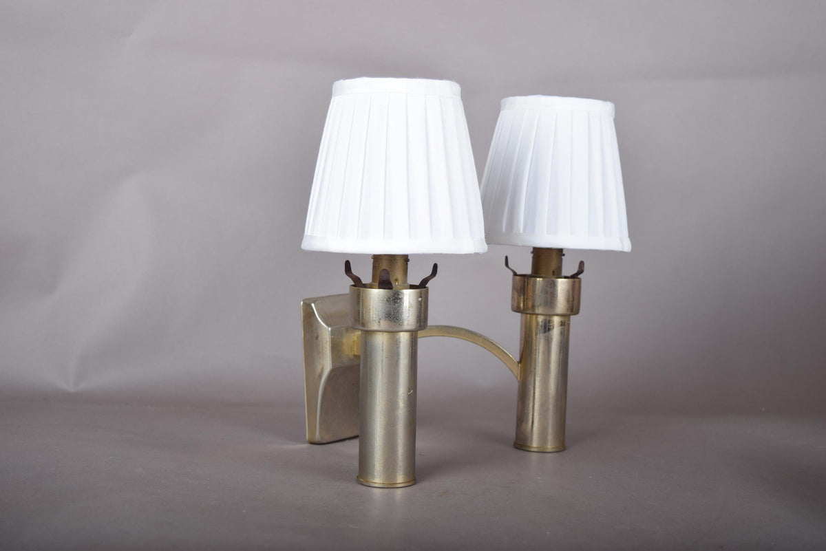 Double Wall Sconce, Modernist Brass Tone Two Light Cylinder Sconce with Pleated Shades