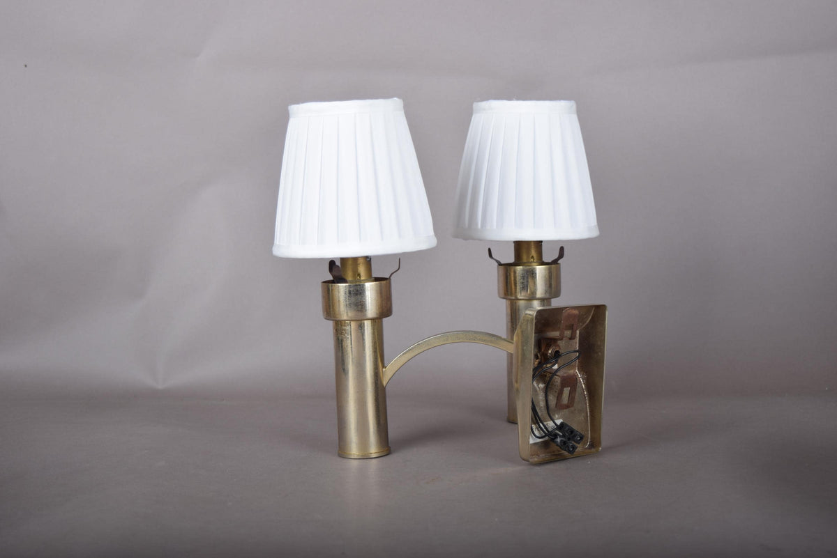 Double Wall Sconce, Modernist Brass Tone Two Light Cylinder Sconce with Pleated Shades