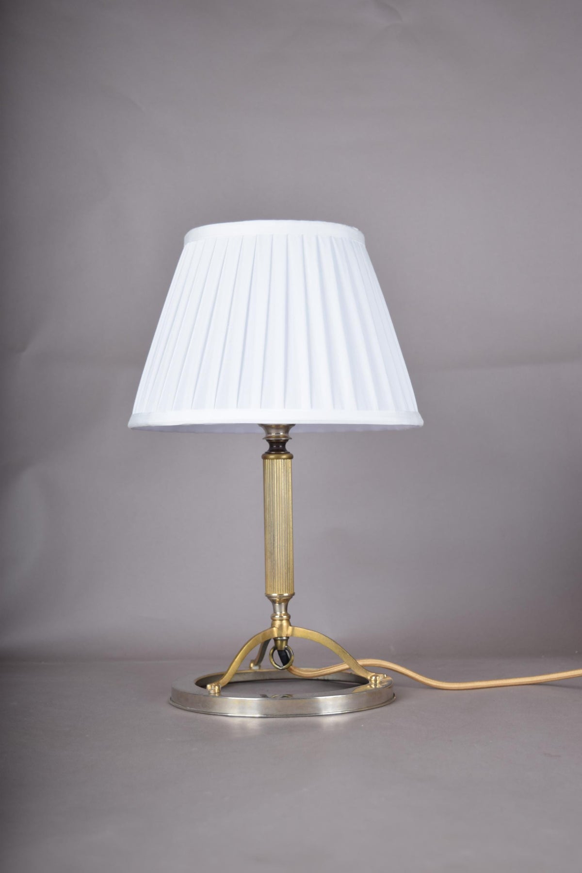 Mid Century Table Lamp, Ring Base Lamp with Arched Tripod and Reeded Column, Pleated Shade