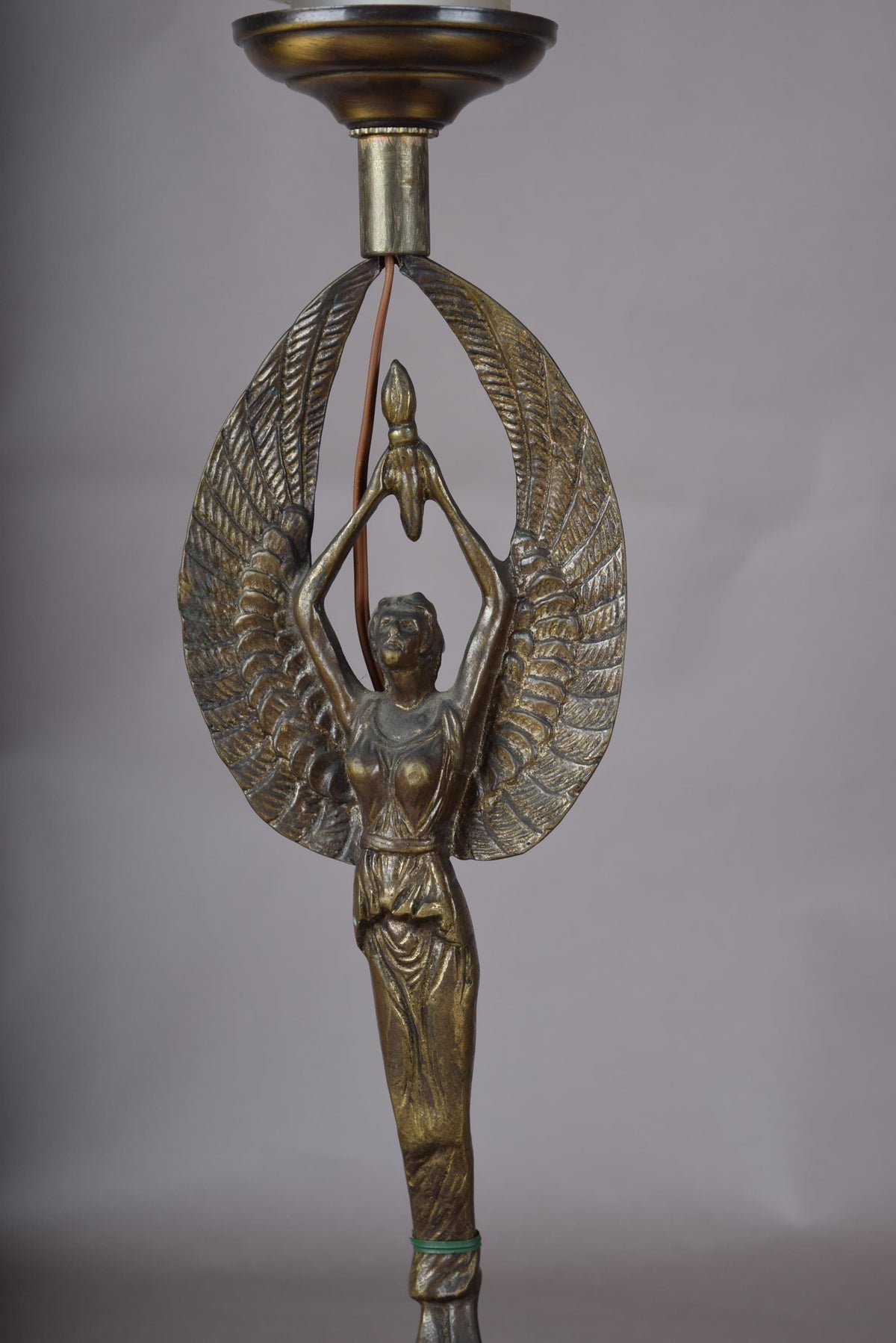 Gilt Metal Figural Table Lamp, Winged Female Figure, Wood Base, Frosted Glass Shade