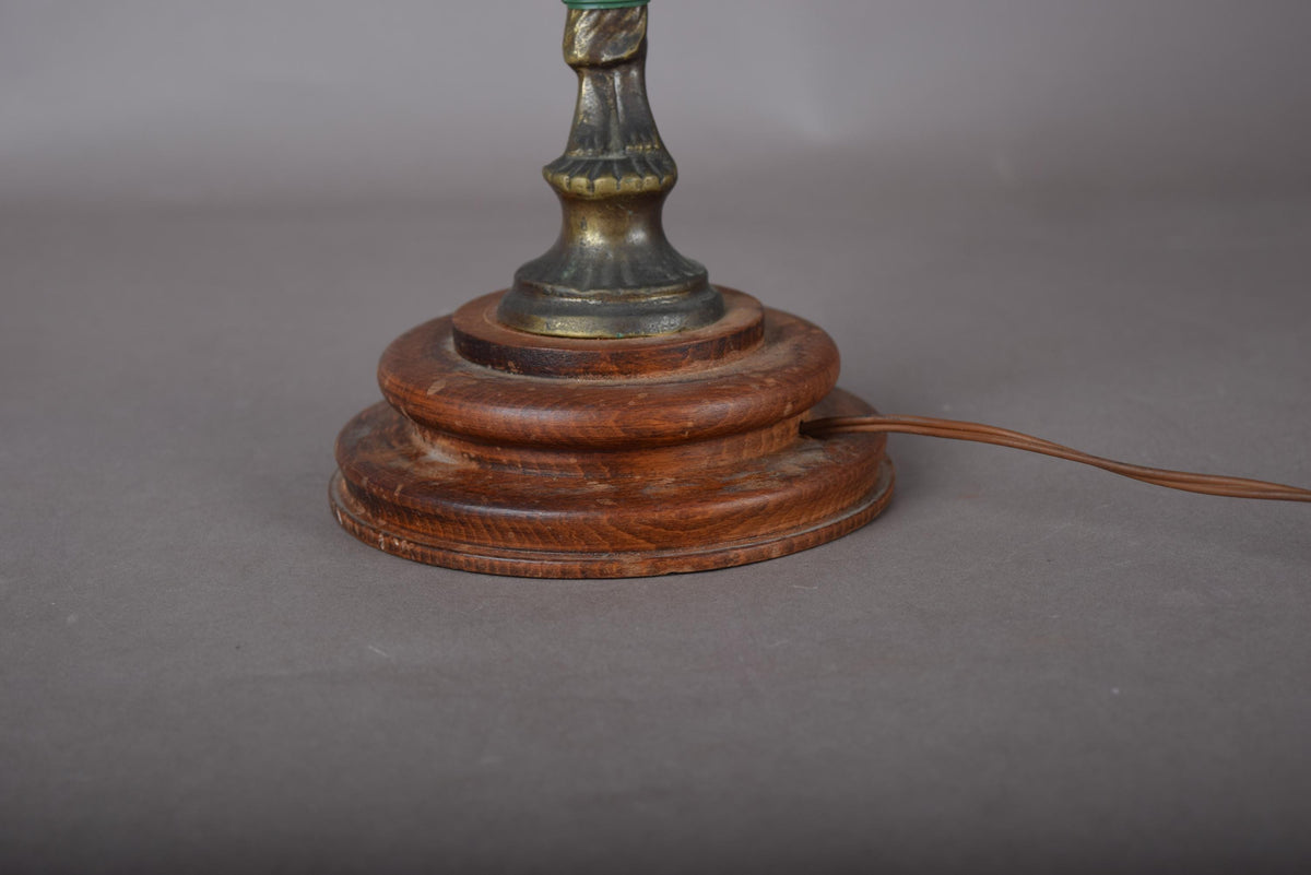 Gilt Metal Figural Table Lamp, Winged Female Figure, Wood Base, Frosted Glass Shade