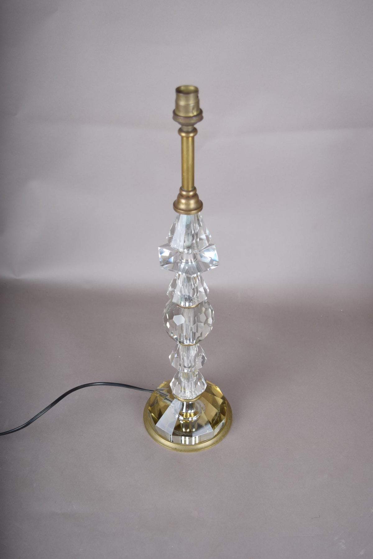 Tall Crystal Table Lamp, Stacked Faceted Glass and Brass Column Lamp — French, 1950s