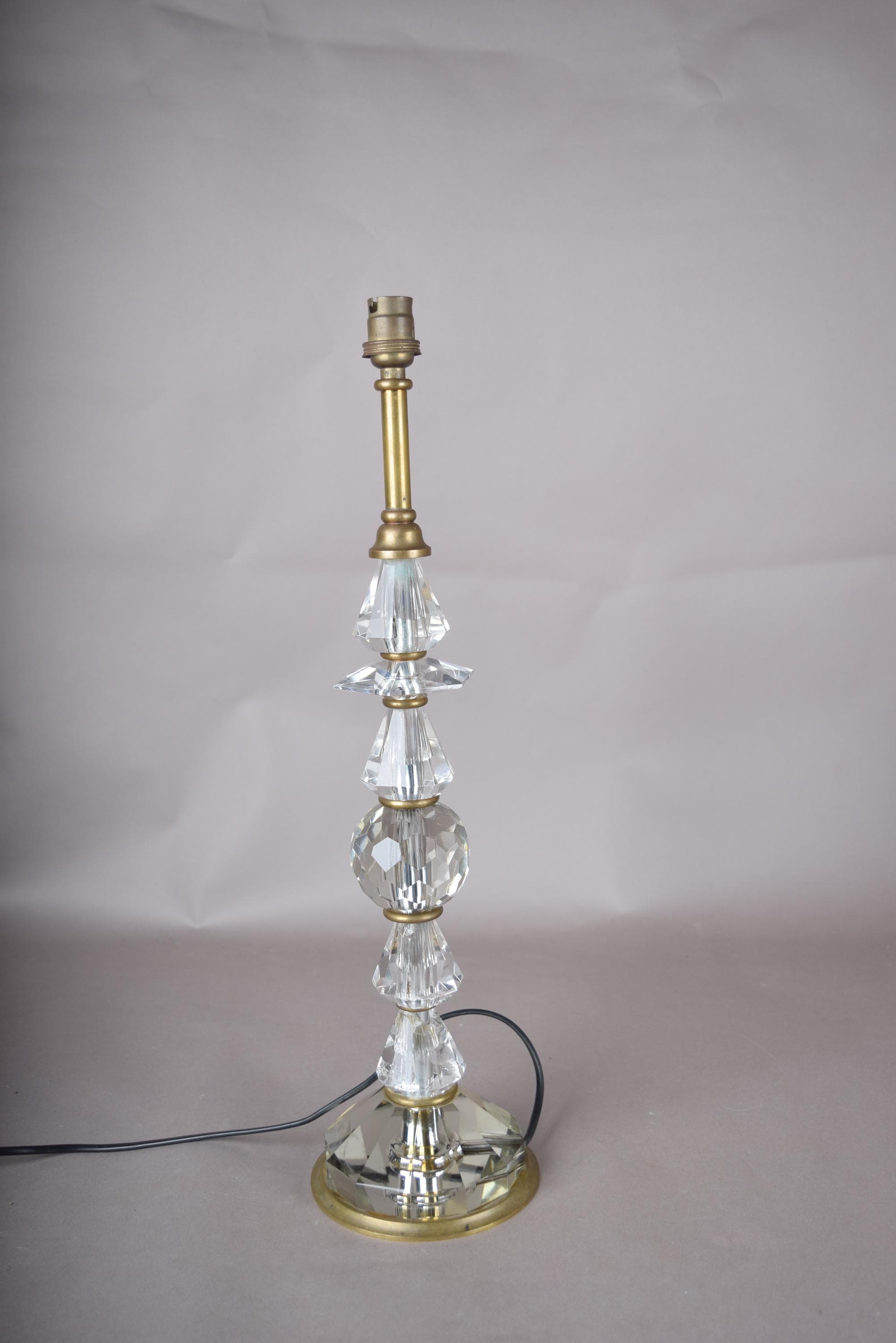 Tall Crystal Table Lamp, Stacked Faceted Glass and Brass Column Lamp — French, 1950s