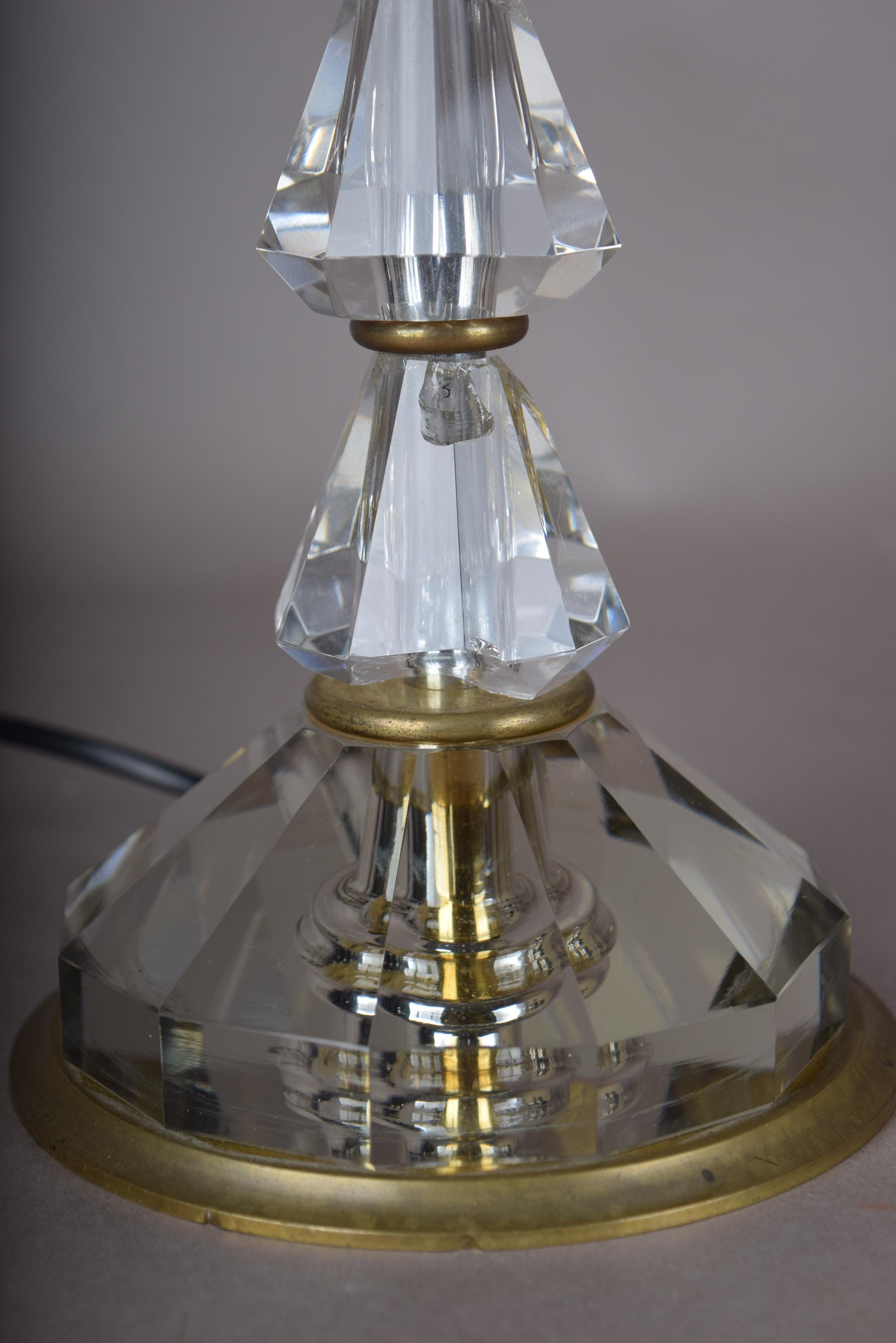 Tall Crystal Table Lamp, Stacked Faceted Glass and Brass Column Lamp — French, 1950s