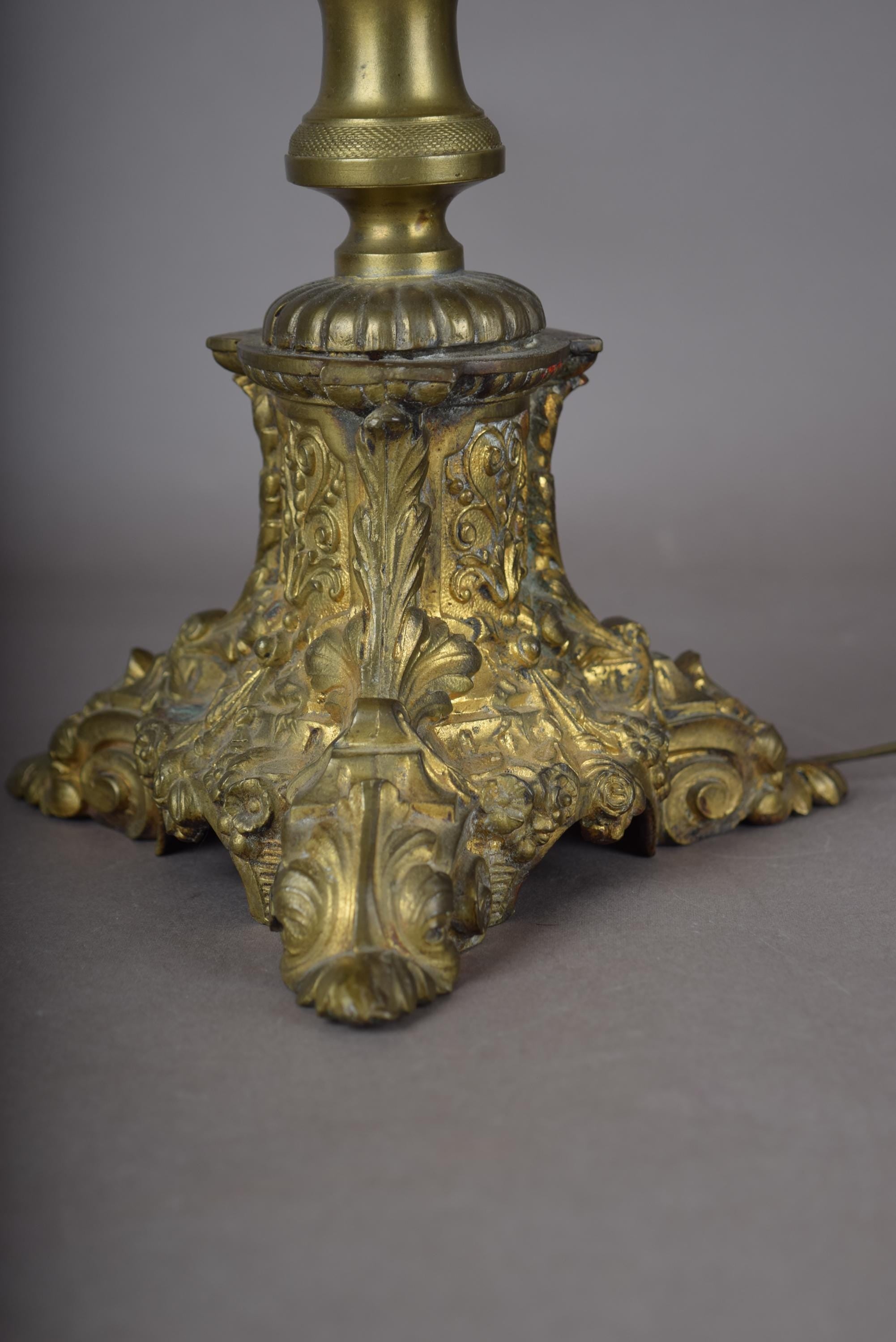 Candlestick Table Lamp, Gilt Tripod Base with Fluted Column and Green Tole Shade — French Style