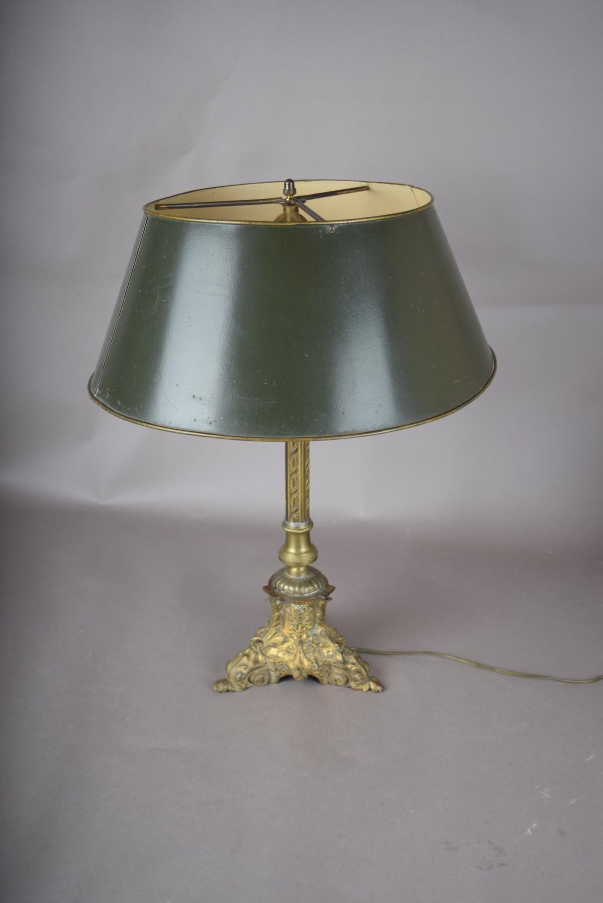 Candlestick Table Lamp, Gilt Tripod Base with Fluted Column and Green Tole Shade — French Style