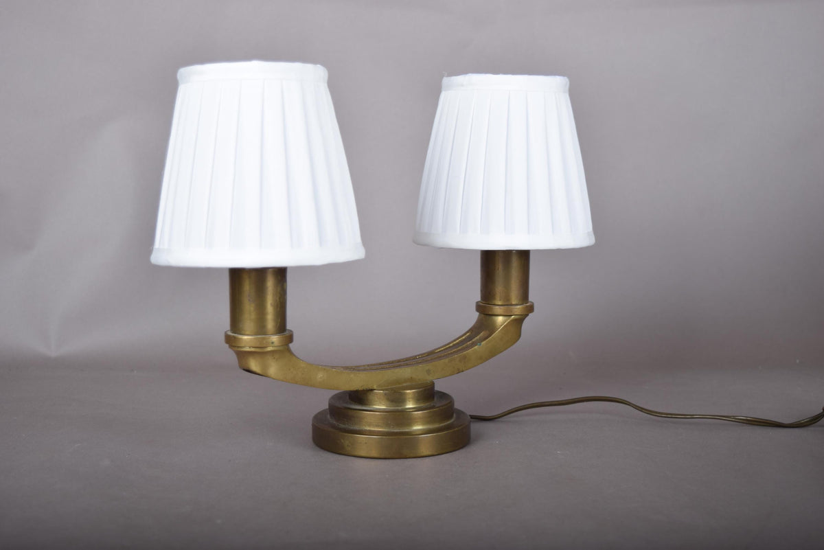 bronze Twin-Arm Table Lamp, Art Deco Style, Stepped Circular Base