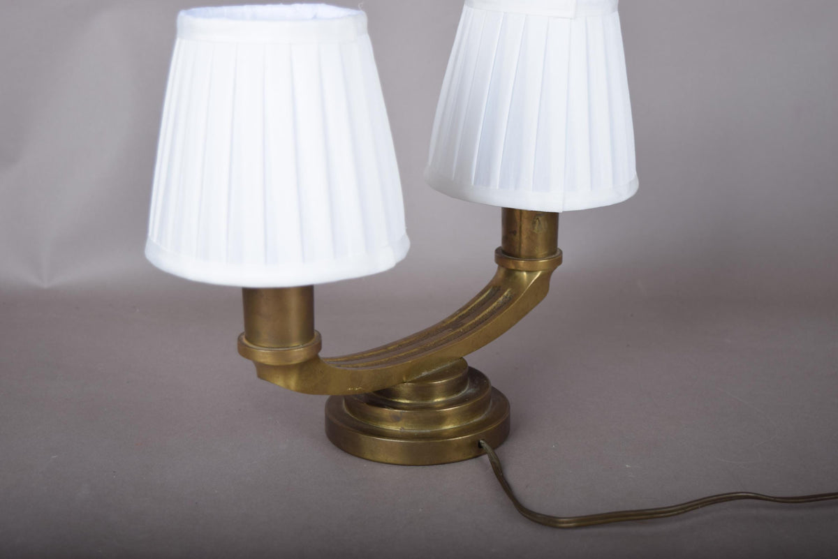 bronze Twin-Arm Table Lamp, Art Deco Style, Stepped Circular Base