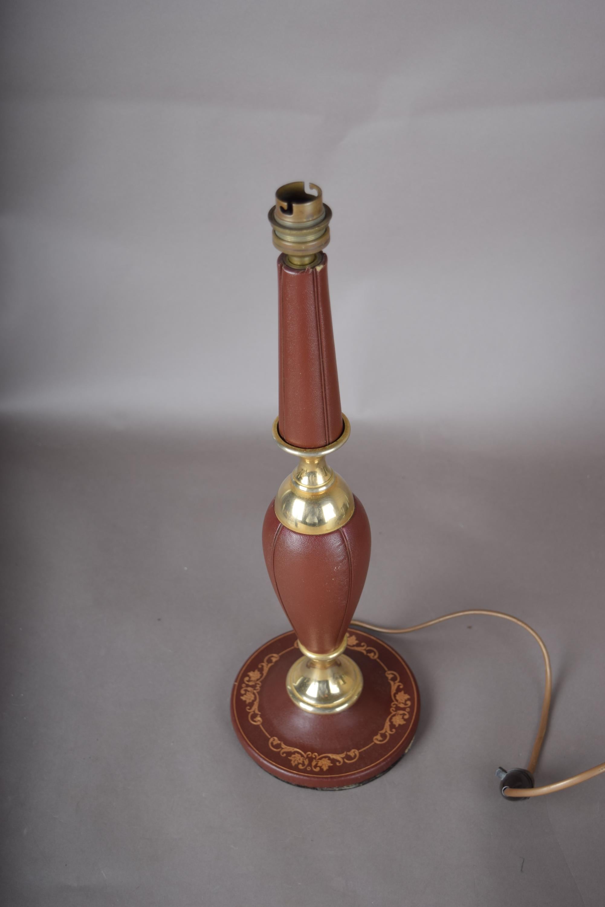 Leather Table Lamp, Burgundy Stitched Leather Baluster Lamp with Gilt Tooled Base — French Style