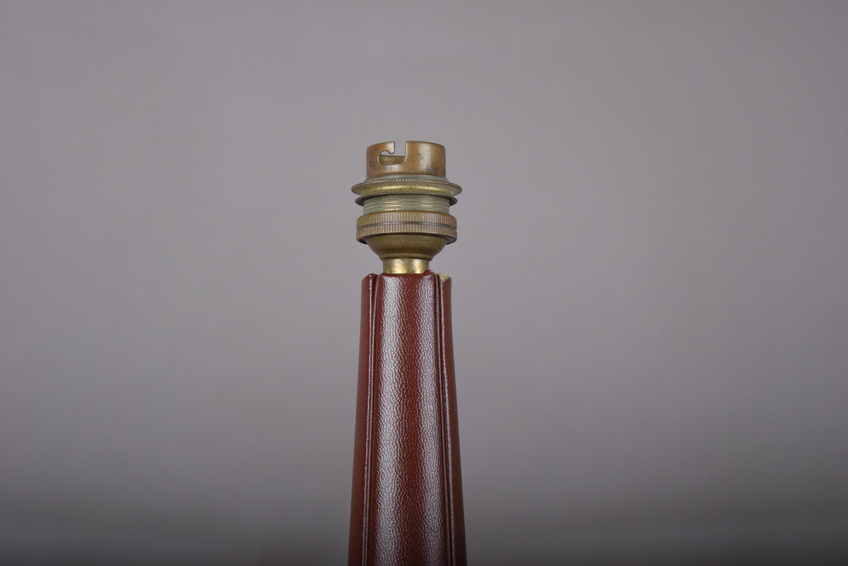 Leather Table Lamp, Burgundy Stitched Leather Baluster Lamp with Gilt Tooled Base — French Style