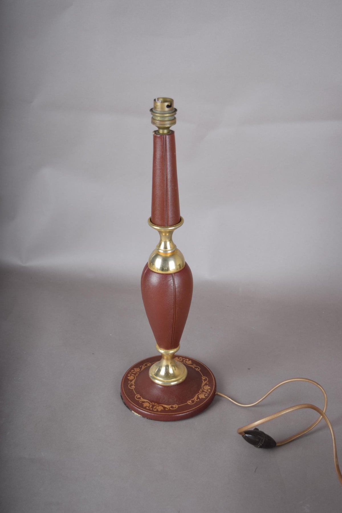 Leather Table Lamp, Burgundy Stitched Leather Baluster Lamp with Gilt Tooled Base — French Style