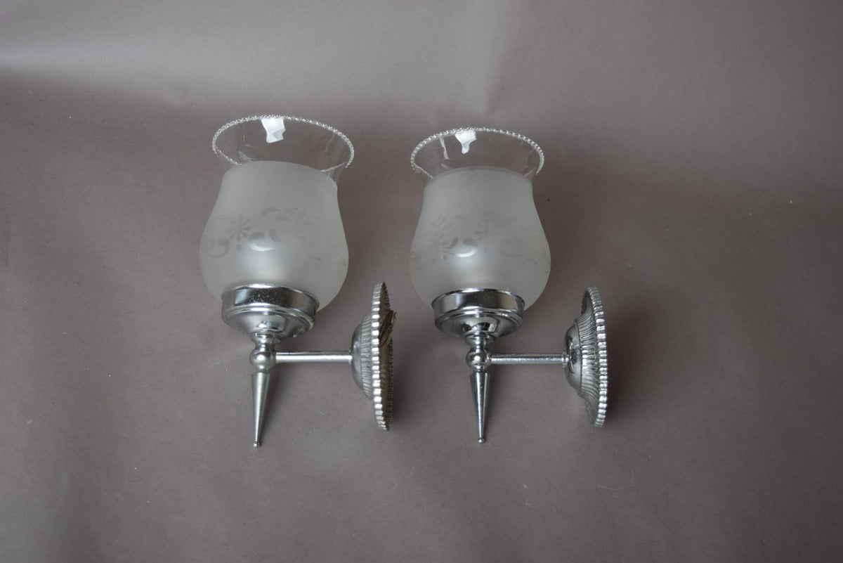Pair of Chrome Wall Sconces, Etched Frosted Glass Shades, Beaded Rim Detail