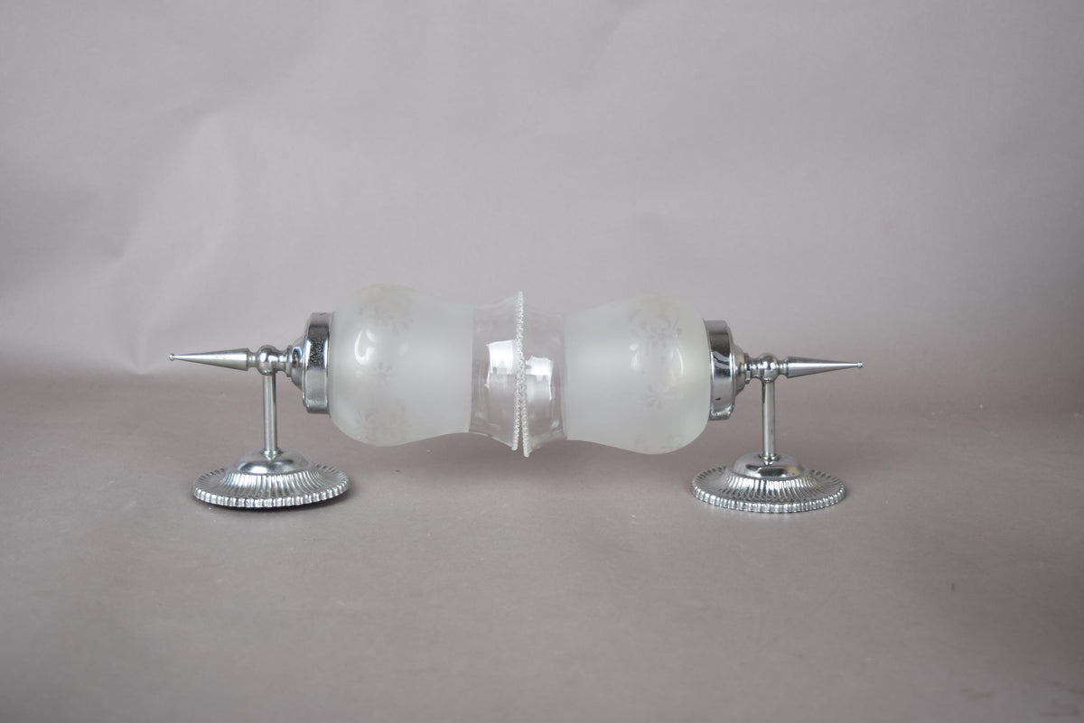 Pair of Chrome Wall Sconces, Etched Frosted Glass Shades, Beaded Rim Detail