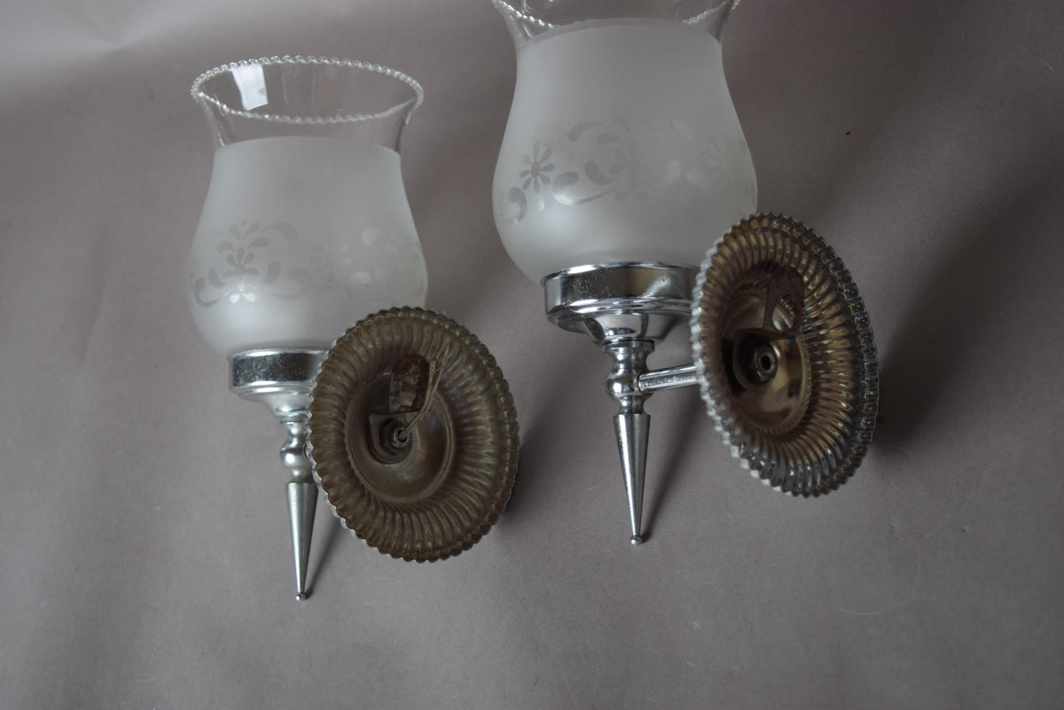 Pair of Chrome Wall Sconces, Etched Frosted Glass Shades, Beaded Rim Detail