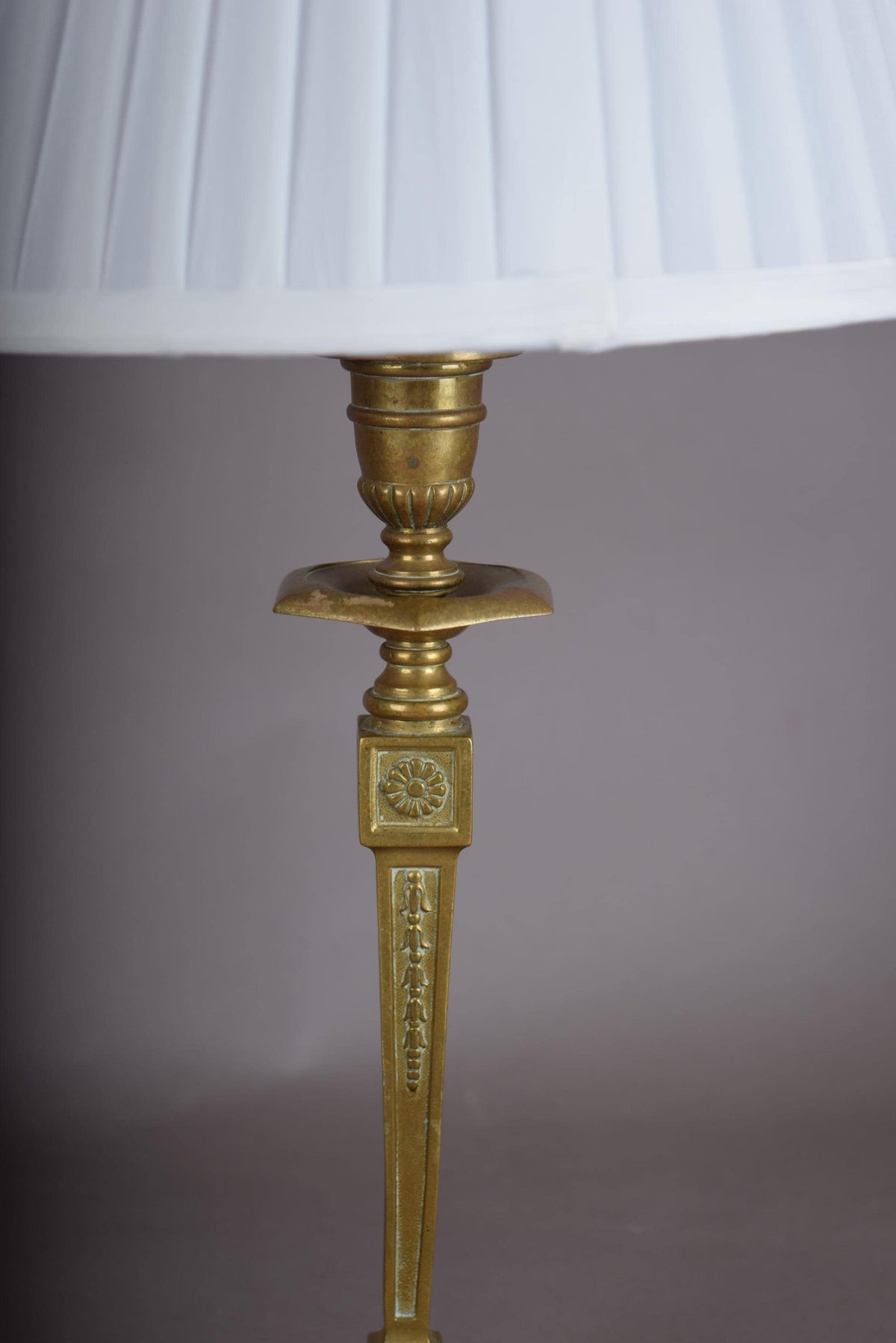 Gilt Metal Candlestick-Form Table Lamp, Fluted Column, Medallion Detail