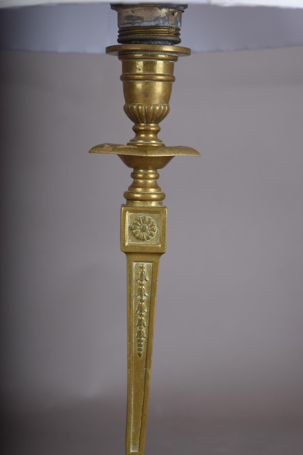 Gilt Metal Candlestick-Form Table Lamp, Fluted Column, Medallion Detail