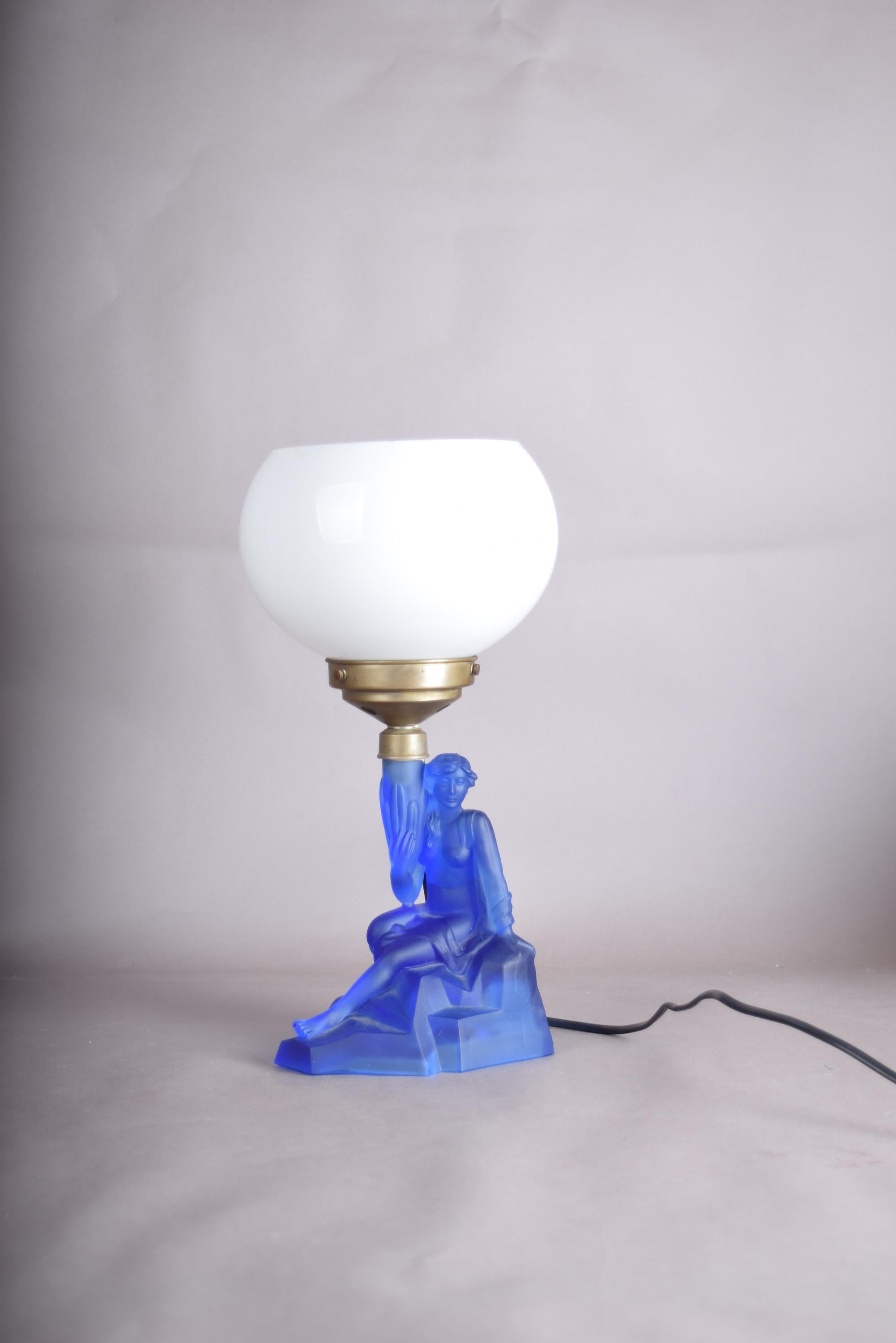 Art Deco Lady Lamp, Walther and Sohne Attributed Blue Frosted Glass Figural Lamp with Globe — German, 1930s