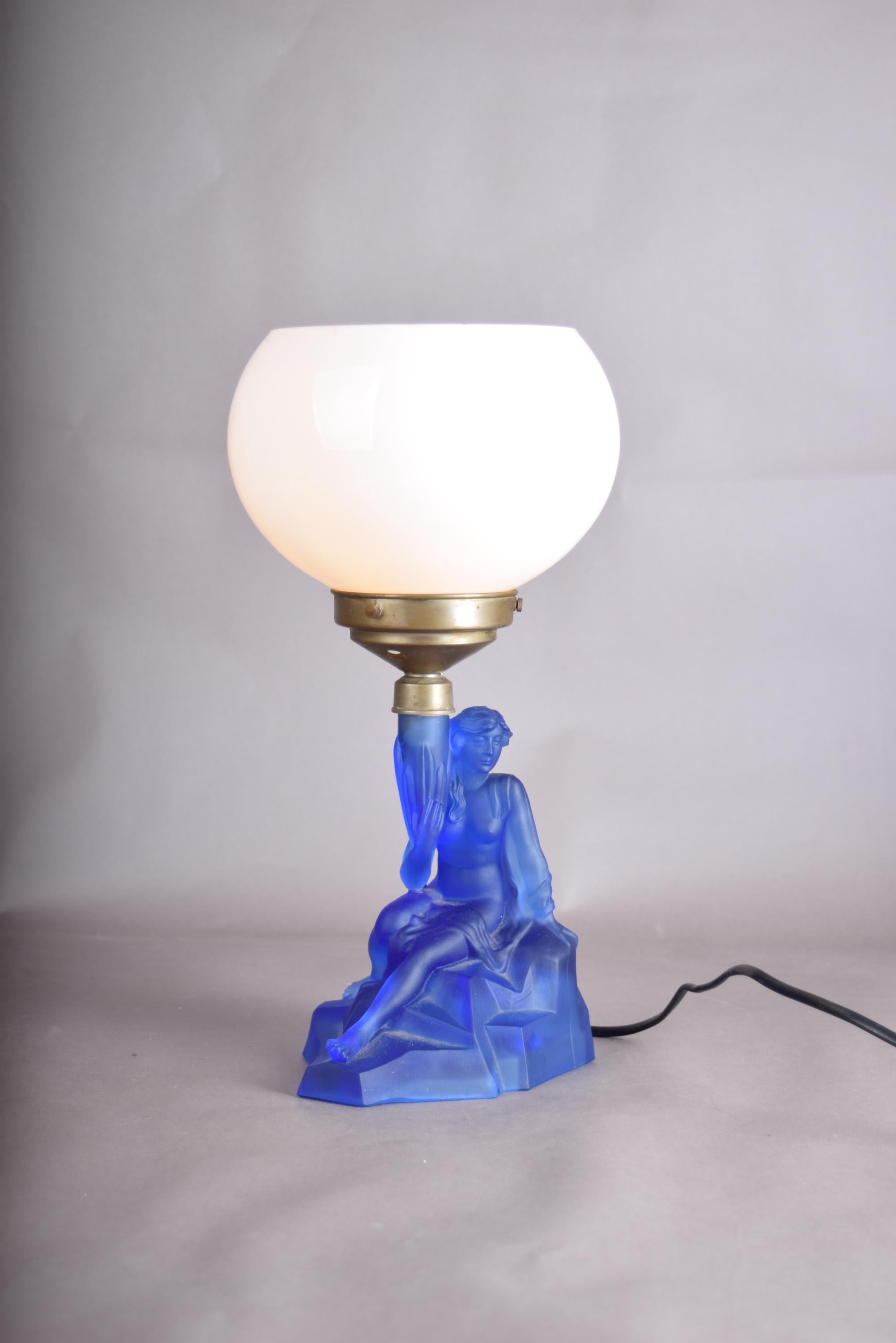 Art Deco Lady Lamp, Walther and Sohne Attributed Blue Frosted Glass Figural Lamp with Globe — German, 1930s