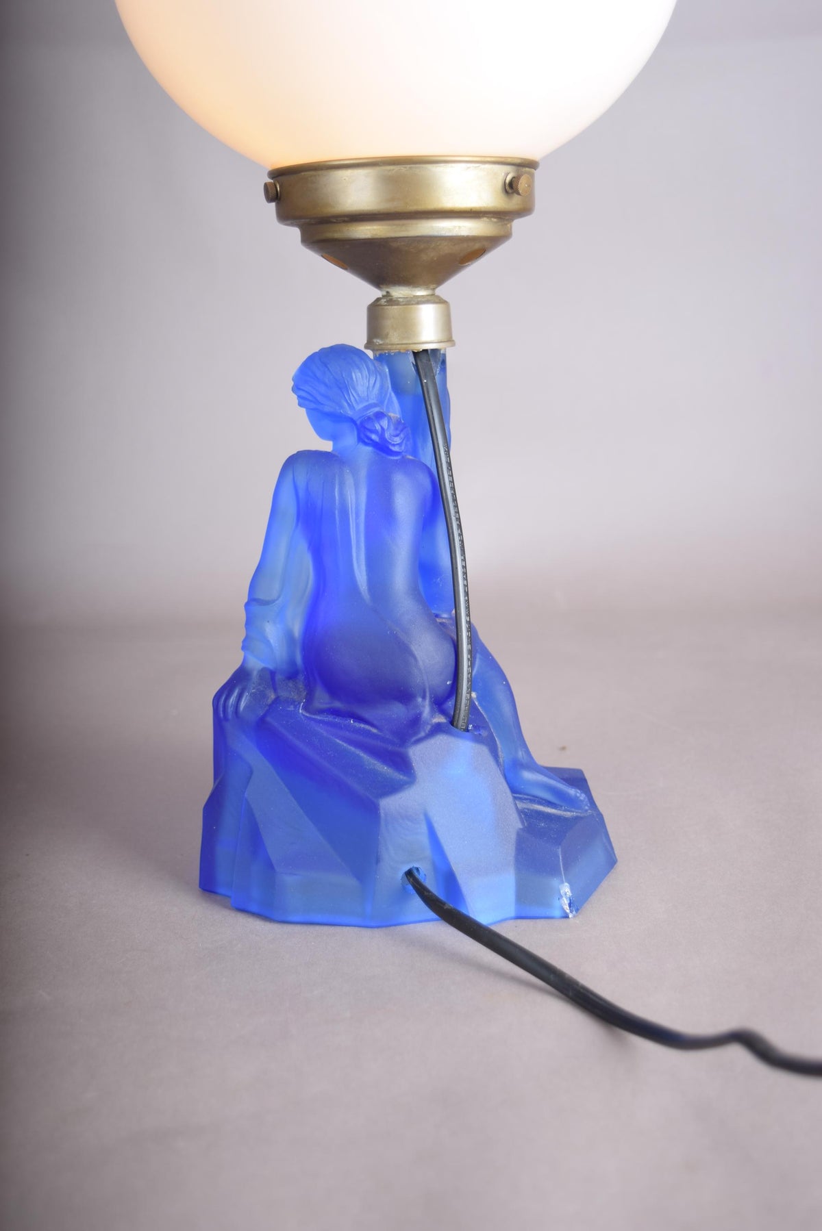 Art Deco Lady Lamp, Walther and Sohne Attributed Blue Frosted Glass Figural Lamp with Globe — German, 1930s