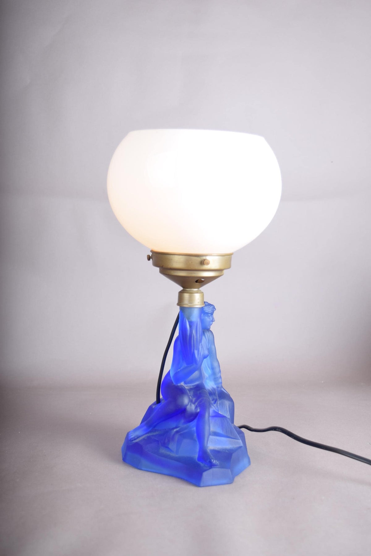Art Deco Lady Lamp, Walther and Sohne Attributed Blue Frosted Glass Figural Lamp with Globe — German, 1930s