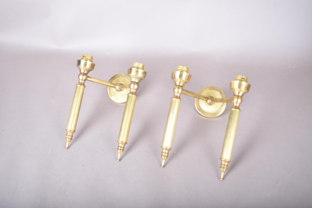 Pair of Gilt Brass Two-Arm Wall Sconces, Fluted Candle-Style Arms, French Design, 1950s