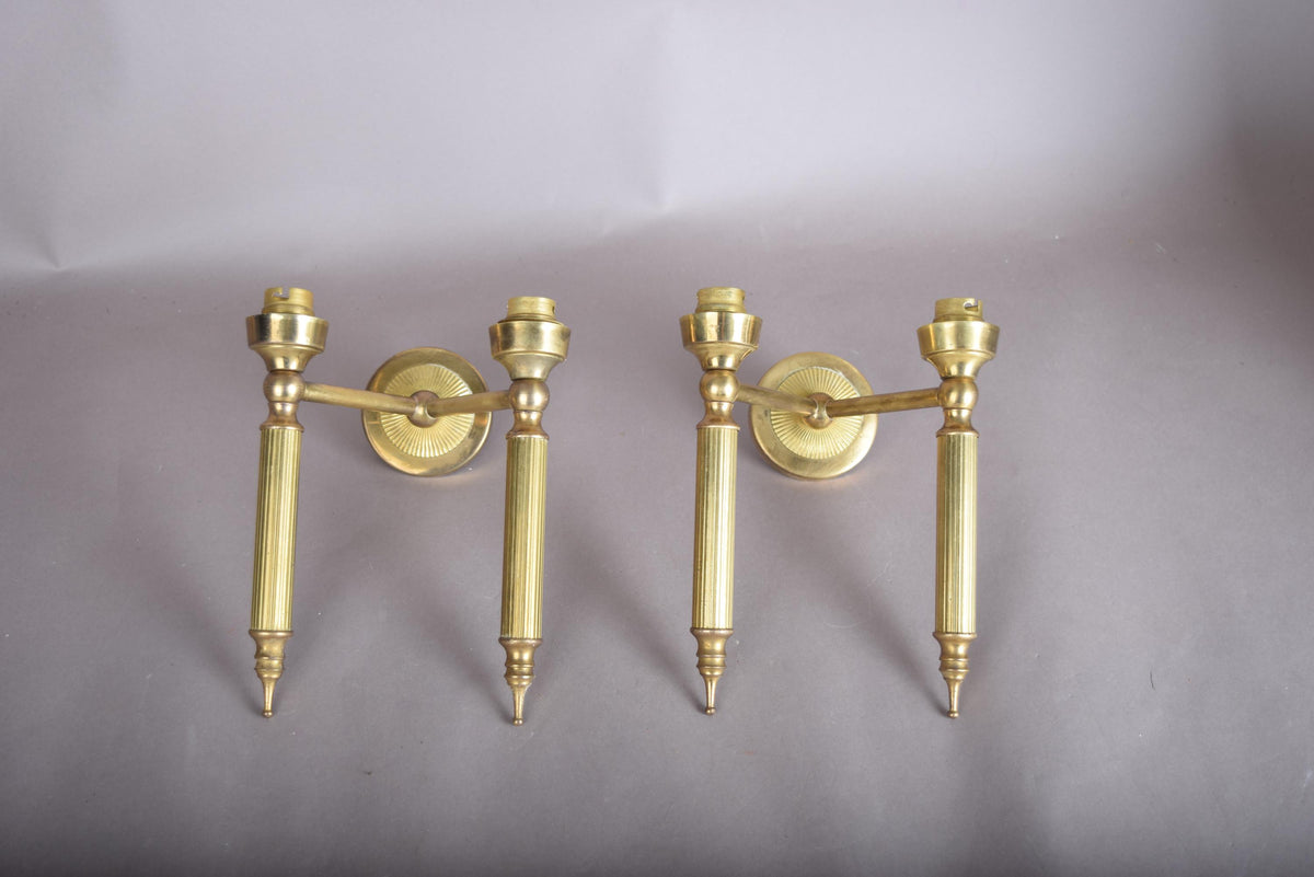 Pair of Gilt Brass Two-Arm Wall Sconces, Fluted Candle-Style Arms, French Design, 1950s