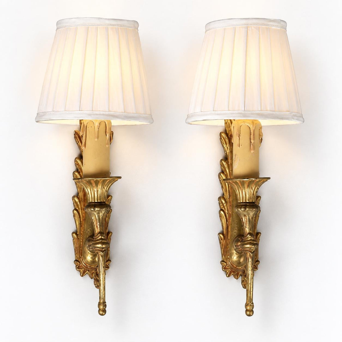 Pair of Gilt Metal Wall Sconces, Palm Leaf Backplate, Pleated Fabric Shades