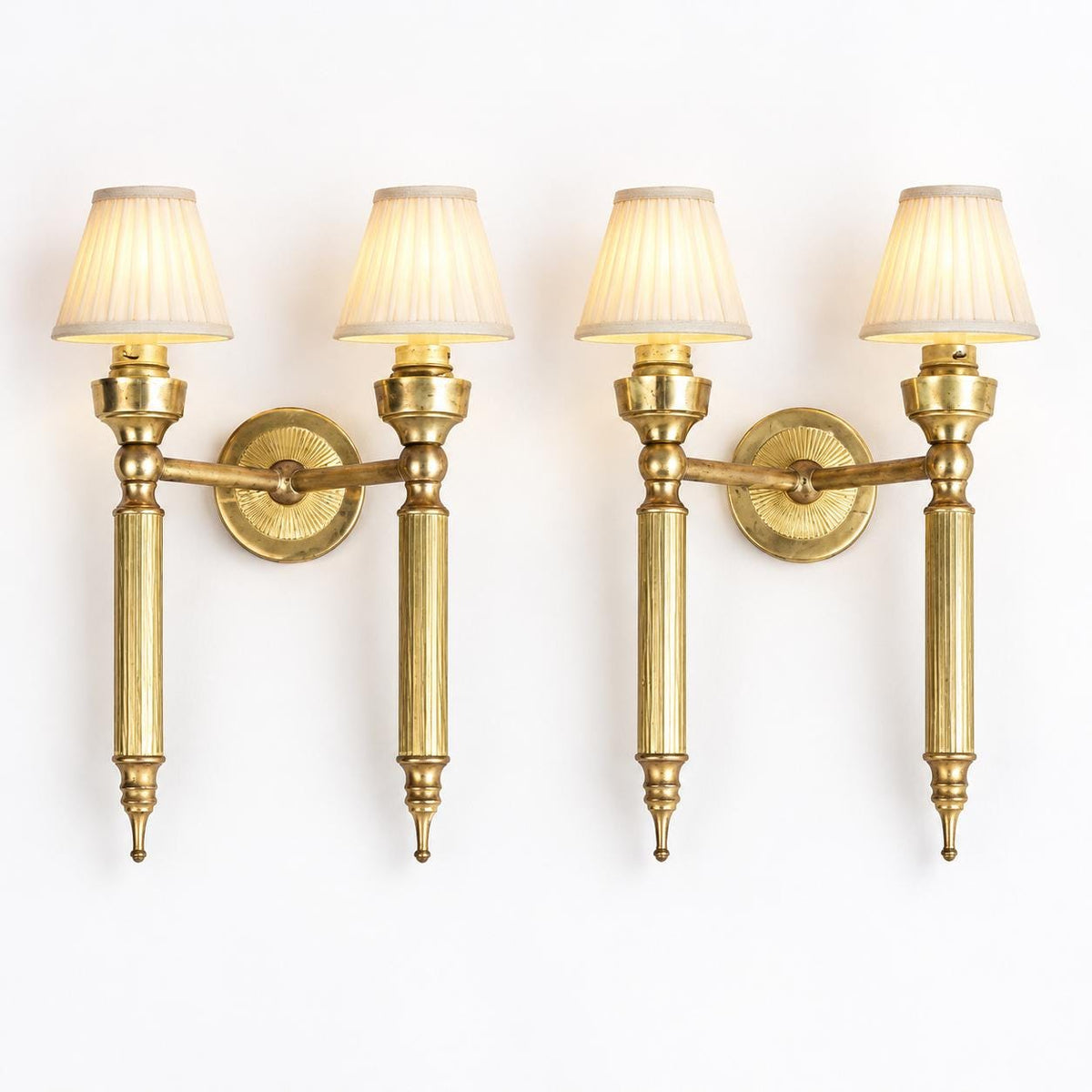 Pair of Gilt Brass Two-Arm Wall Sconces, Fluted Candle-Style Arms, French Design, 1950s