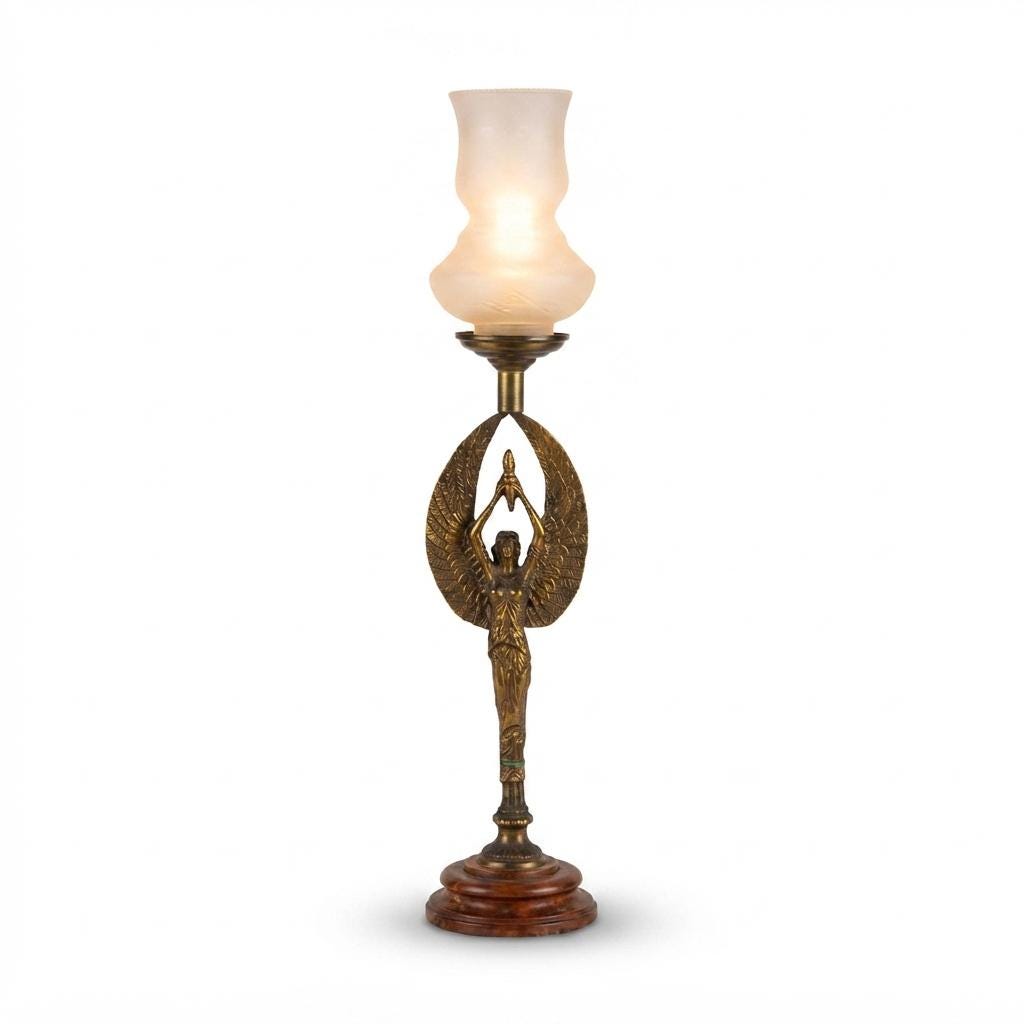 Gilt Metal Figural Table Lamp, Winged Female Figure, Wood Base, Frosted Glass Shade