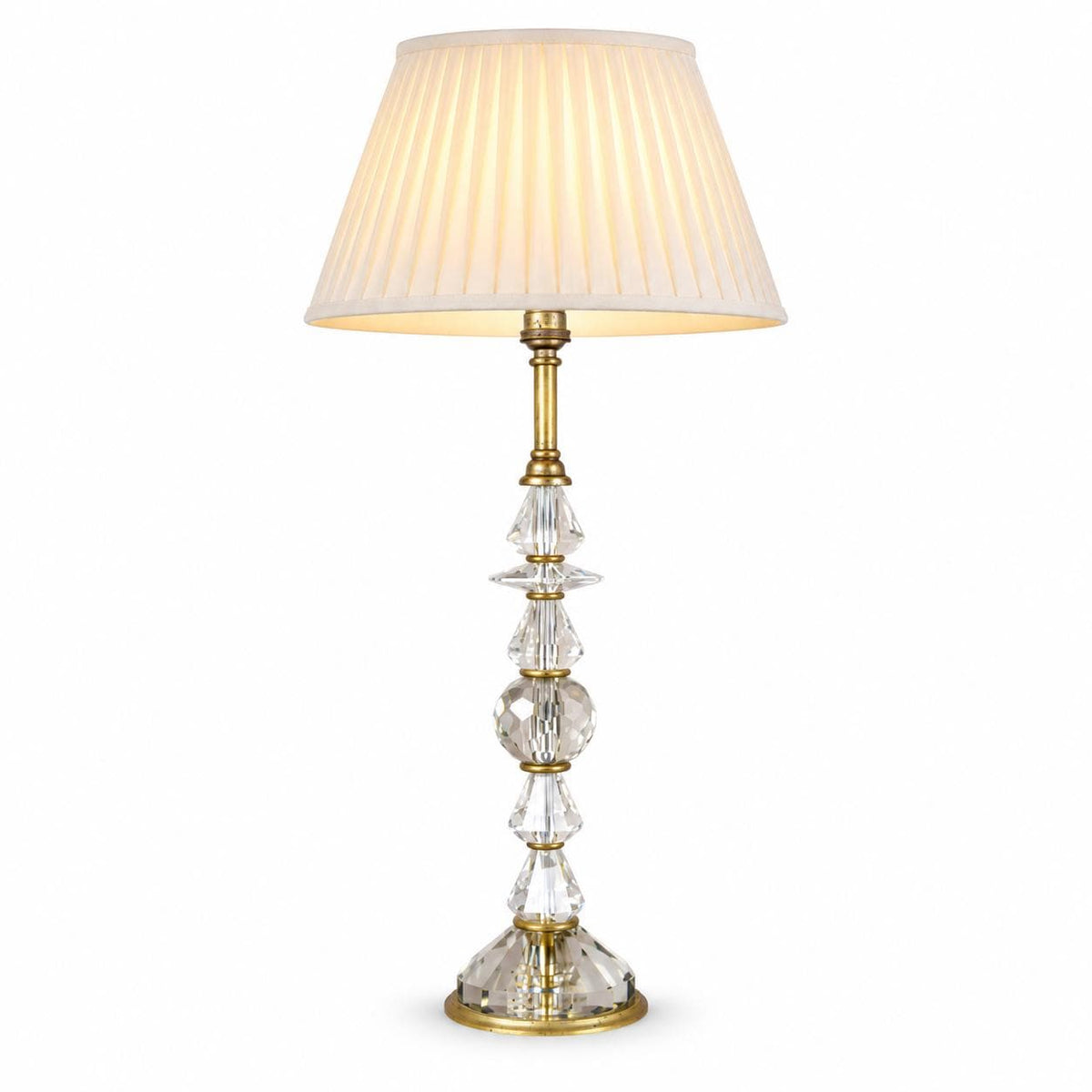 Tall Crystal Table Lamp, Stacked Faceted Glass and Brass Column Lamp — French, 1950s
