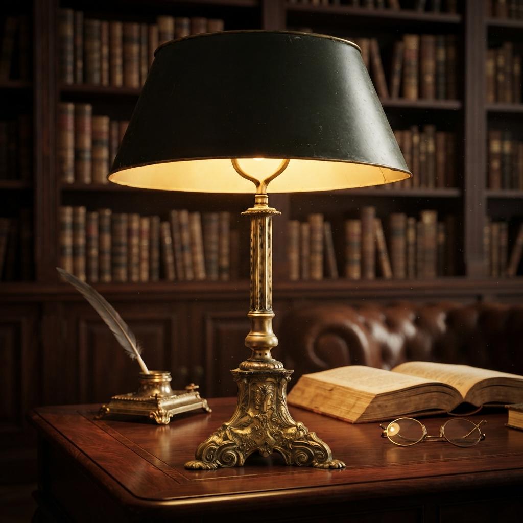 Candlestick Table Lamp, Gilt Tripod Base with Fluted Column and Green Tole Shade — French Style