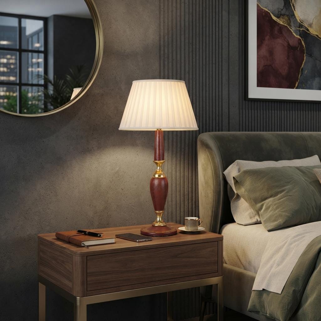 Leather Table Lamp, Burgundy Stitched Leather Baluster Lamp with Gilt Tooled Base — French Style