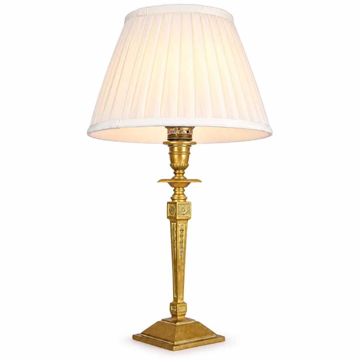 Gilt Metal Candlestick-Form Table Lamp, Fluted Column, Medallion Detail