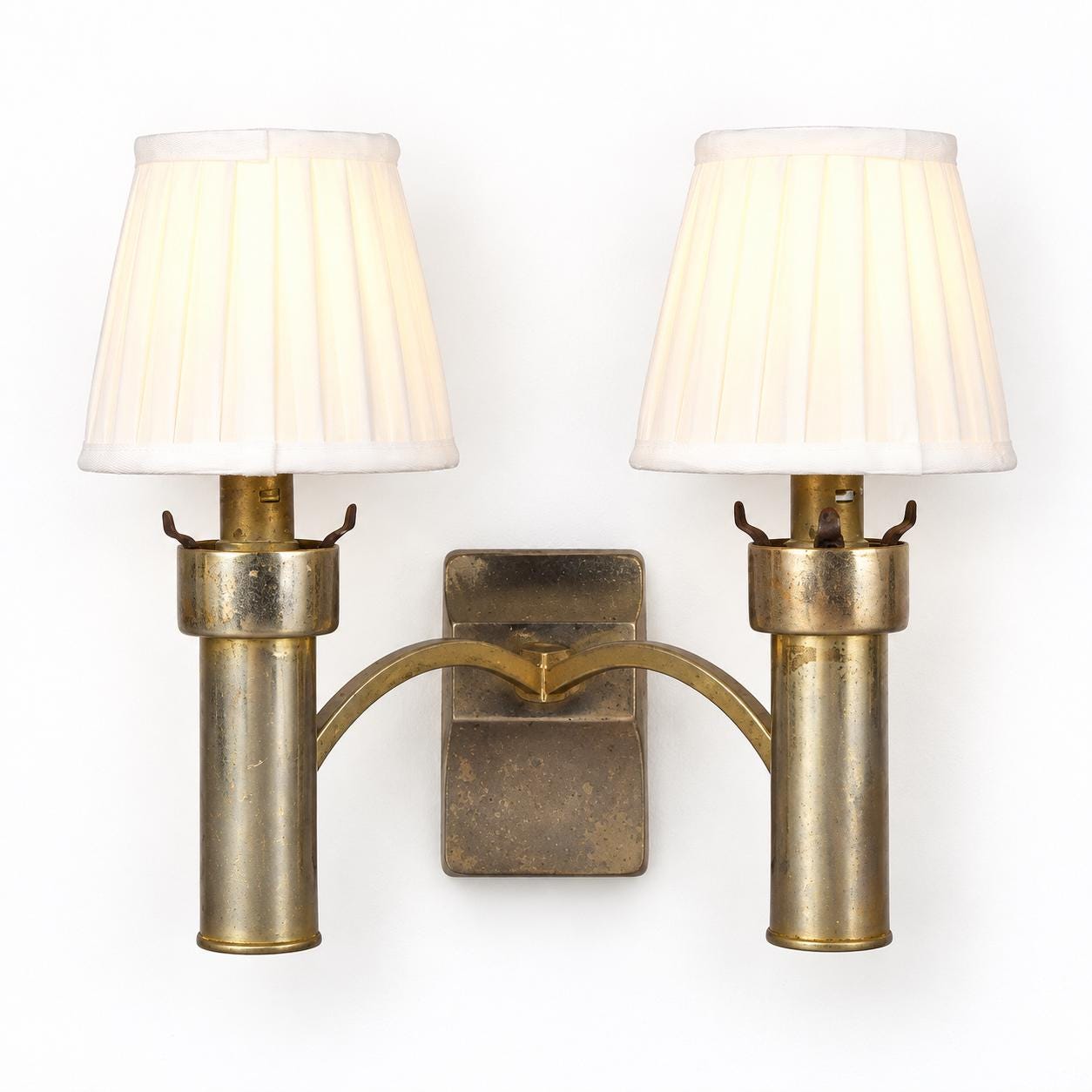 Double Wall Sconce, Modernist Brass Tone Two Light Cylinder Sconce with Pleated Shades
