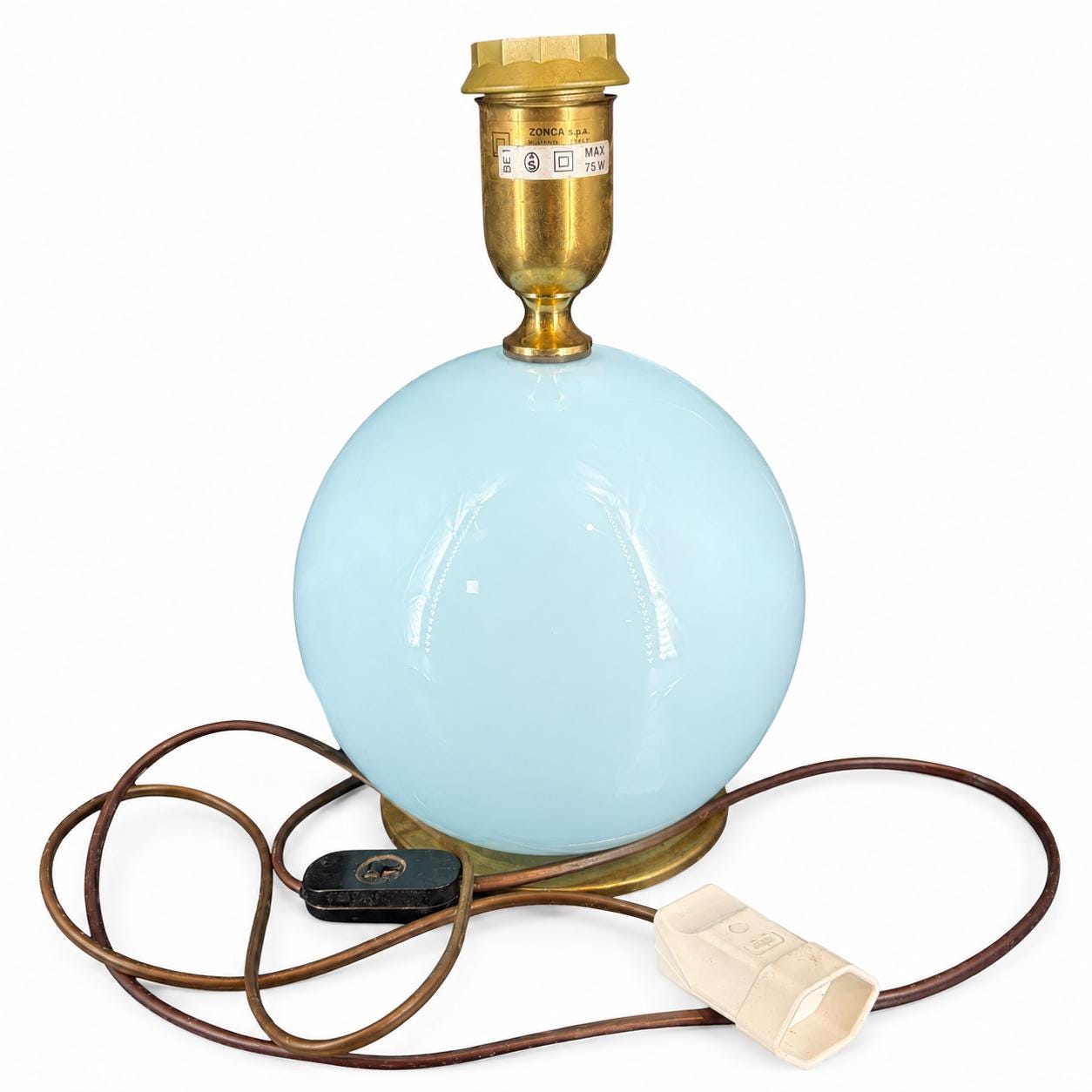 Italian Table Lamp, Zonca Blue Opaline Glass Globe Lamp — Italy, 1960s, Marked