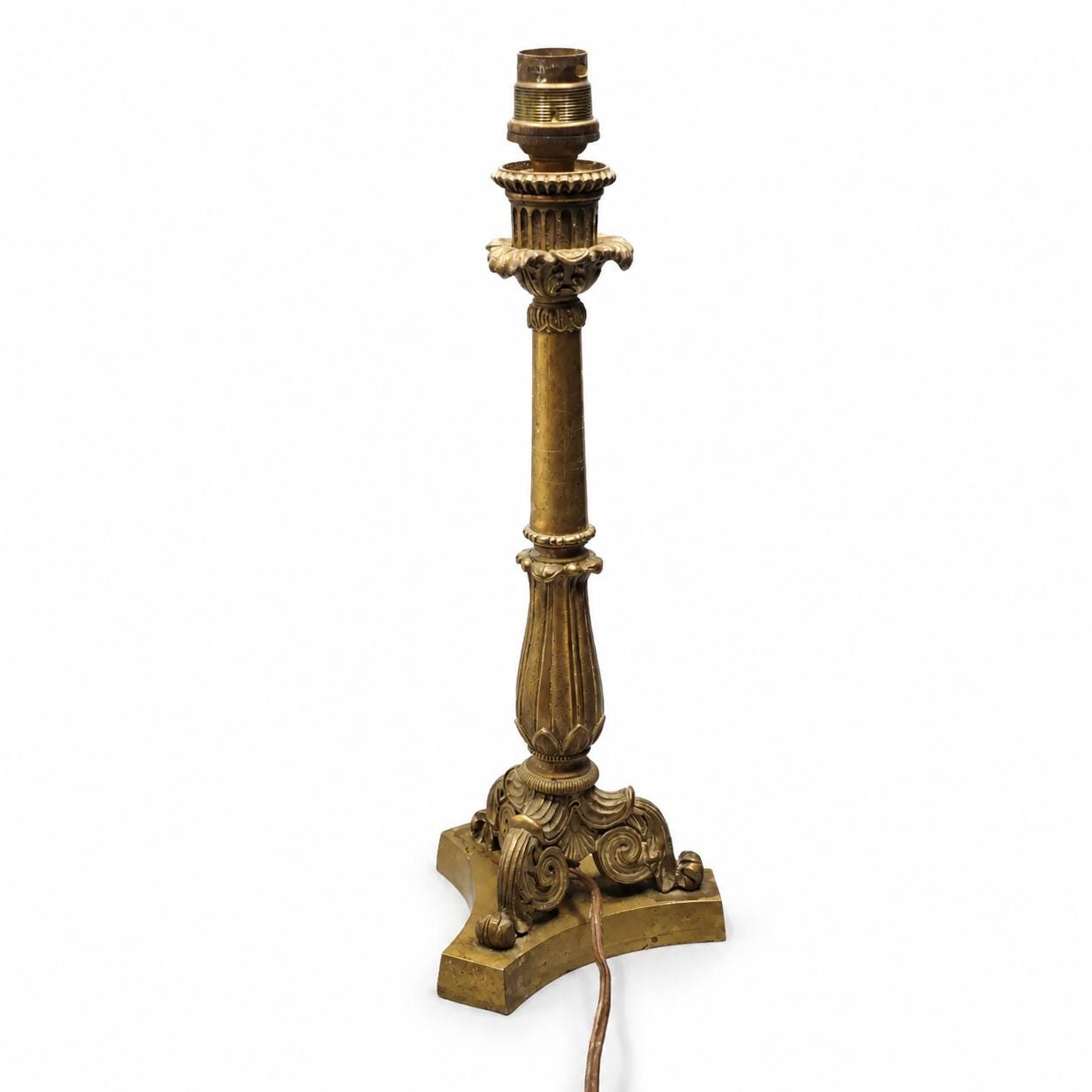 French Candlestick Table Lamp, Foliate Stem on Scrolled Tripod Base, Patinated Metal — Early 20th Century