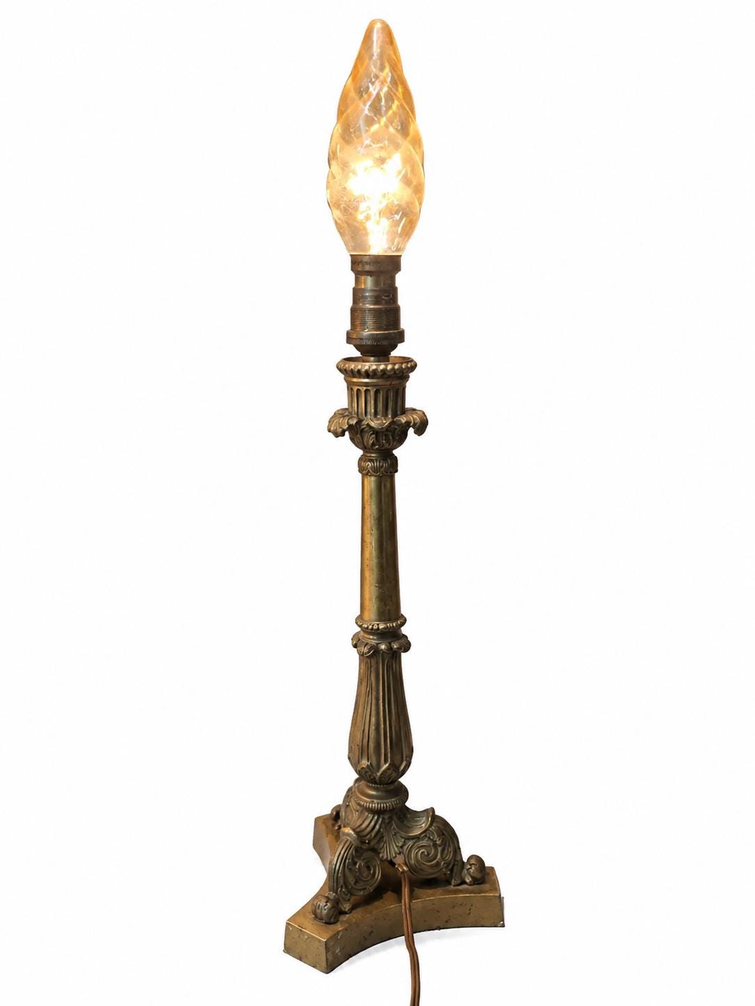 French Candlestick Table Lamp, Foliate Stem on Scrolled Tripod Base, Patinated Metal — Early 20th Century