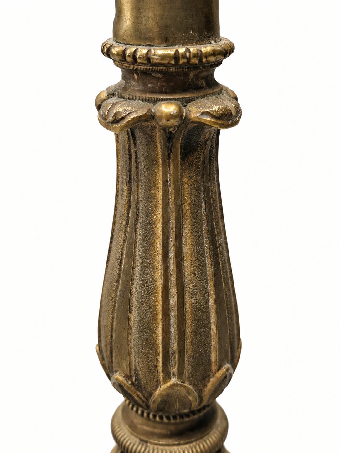French Candlestick Table Lamp, Foliate Stem on Scrolled Tripod Base, Patinated Metal — Early 20th Century