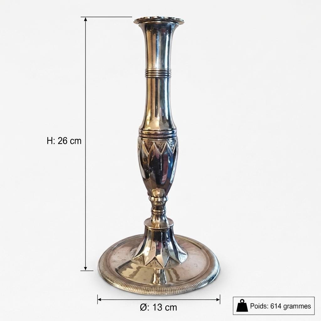 Silver Tone Candlestick, Geometric Chased Candle Holder with Ringed Column — French Style, Art Deco Taste