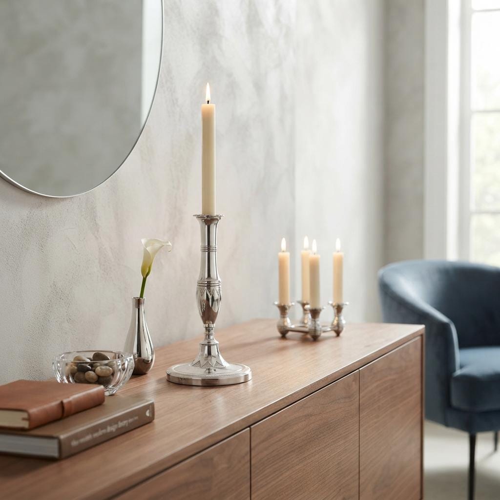 Silver Tone Candlestick, Geometric Chased Candle Holder with Ringed Column — French Style, Art Deco Taste