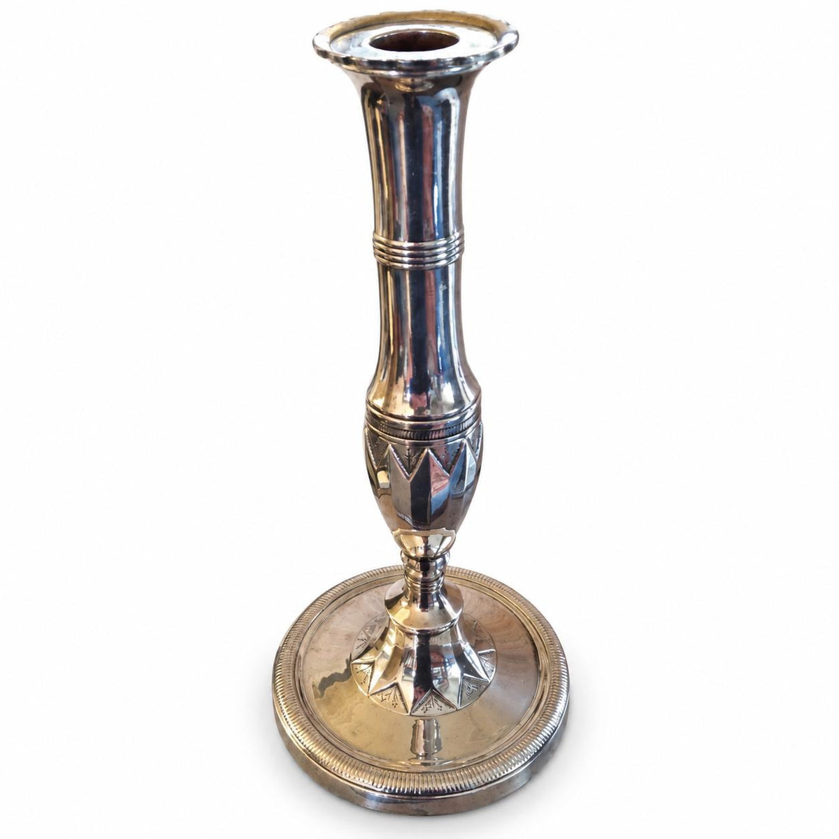 Silver Tone Candlestick, Geometric Chased Candle Holder with Ringed Column — French Style, Art Deco Taste