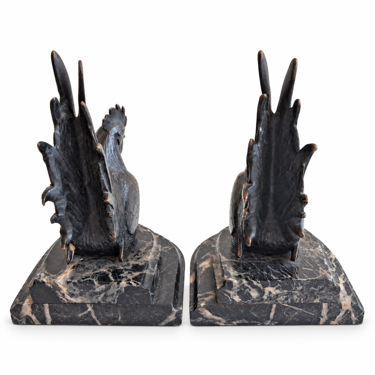 Rooster Bookends Pair, Carlos Van Dionant Signed Bronze Cockerels on Green Marble — Belgian, Early 20th Century